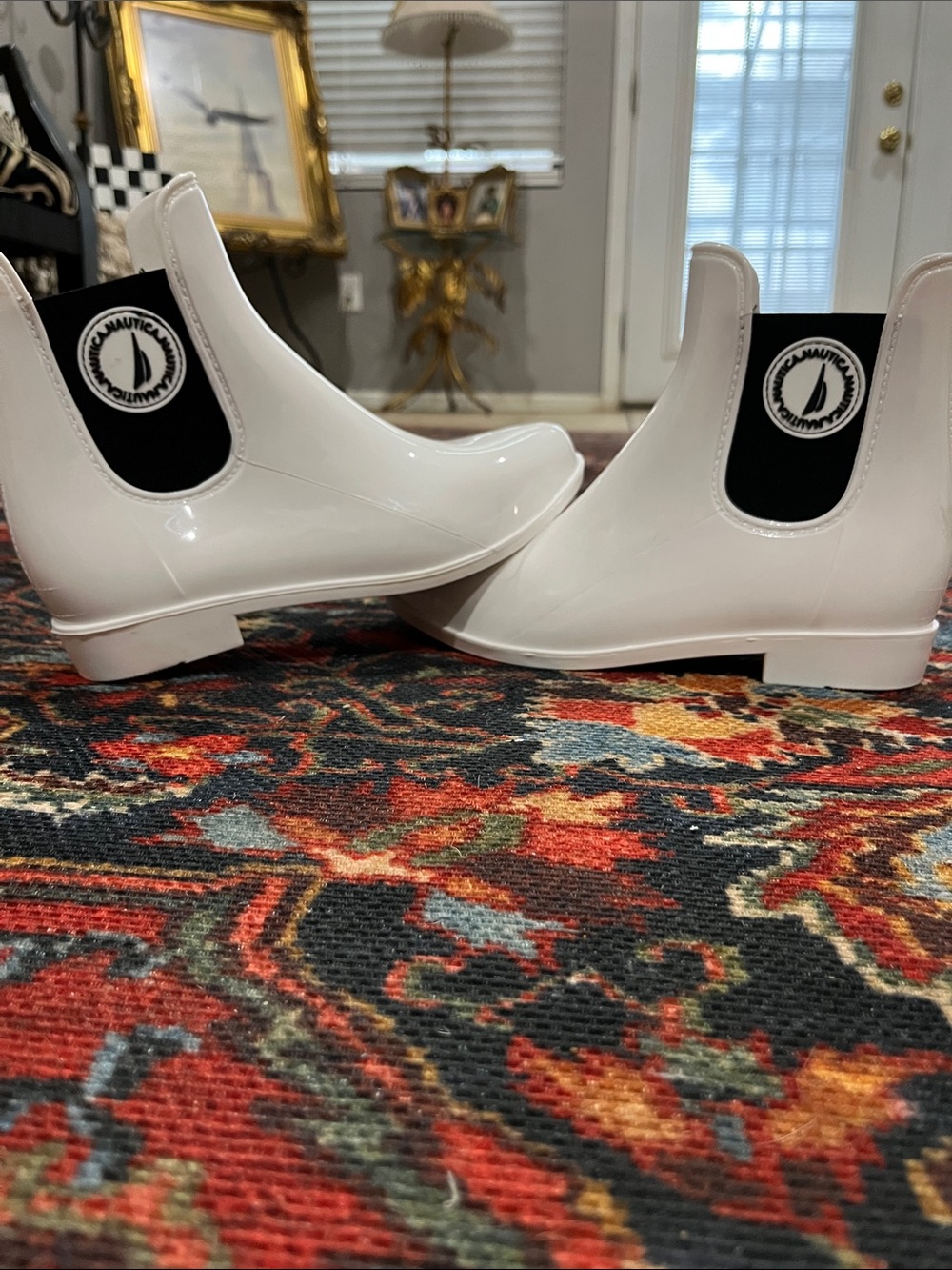 Nautica White Gloss Chelsea Rain Ankle Boots with Black Elastic Panels